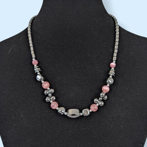 V. Hematite & Pink Glass Beaded Necklace - Picture 1 of 5